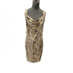 Ellen Tracy Gold Metallic Cowl Neck Sleeveless Dress Large